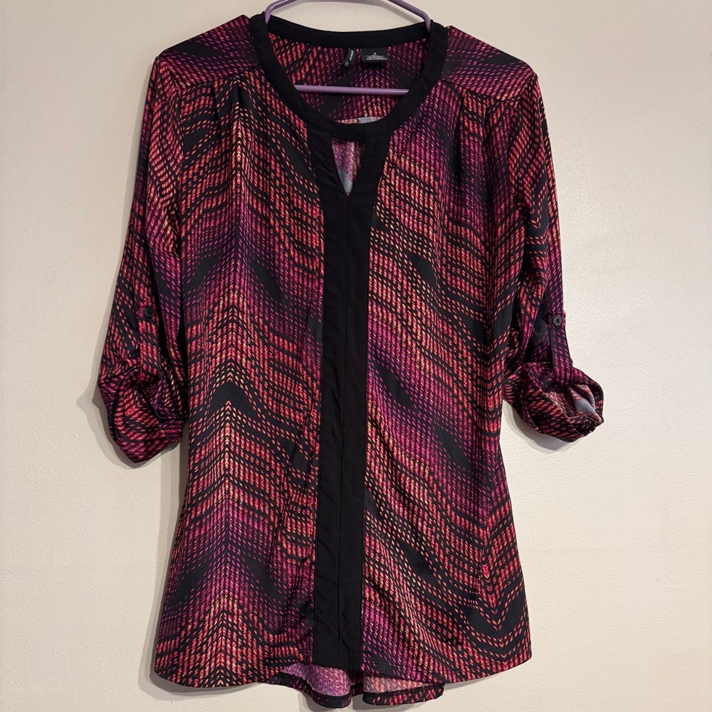 Women's Black Fuscia and Pink Patterned 3/4 Sleeve Top